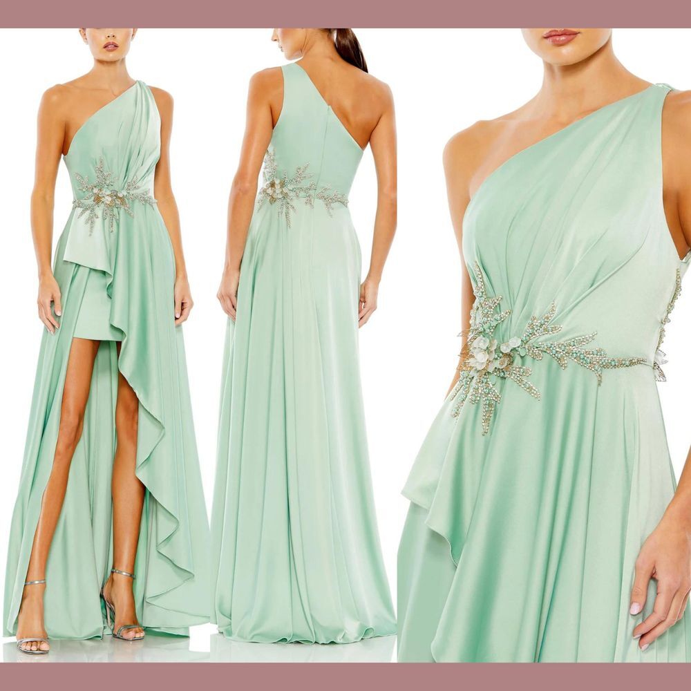 NWD $598 Mac Duggal‎ [ 8 ] Embellished One Shoulder Asymmetrical Gown Sage S1060
